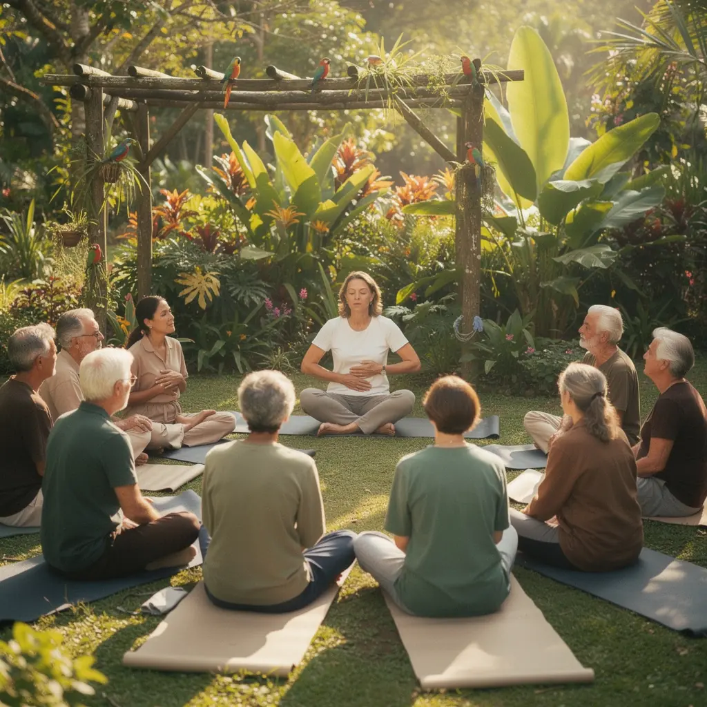 การออกกำลังกายสำหรับผู้สูงอายุในสวนธรรมชาติพร้อมแสงแดดส่องลอดผ่านต้นไม้